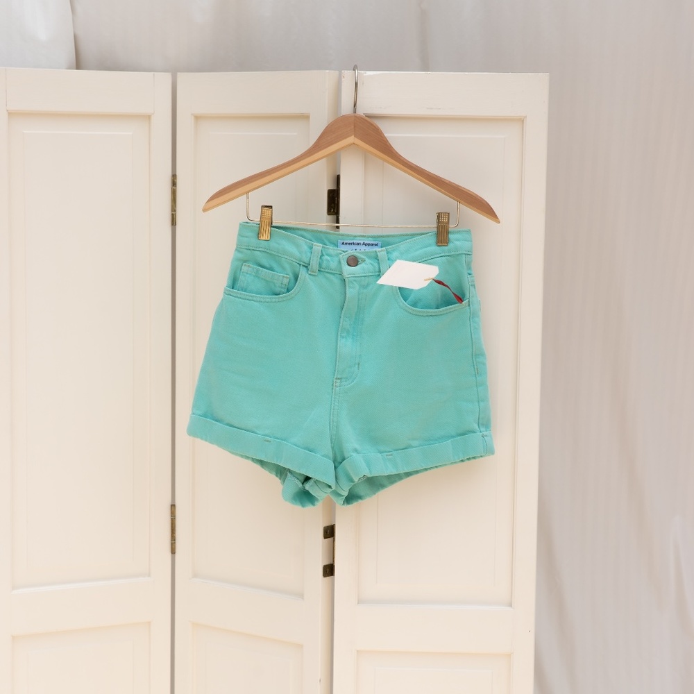 American Apparel High Rise Green Denim Cuffed Shorts